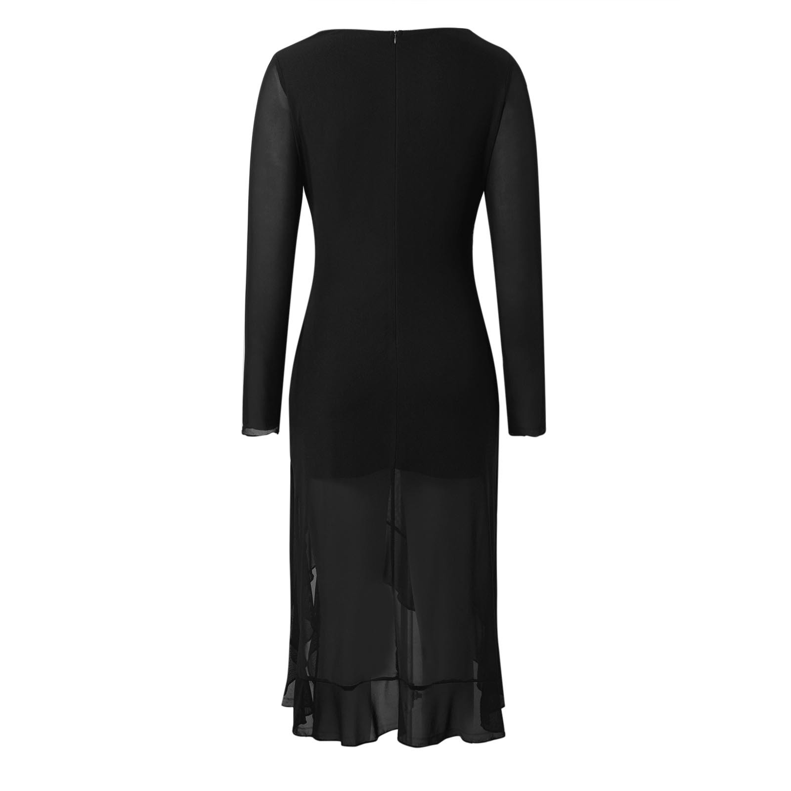 thumbnail image 5 of Vestido liso de cuello en U y manga larga con bajo irregular para mujer - Vestido informal ajustado de malla, poliéster y spandex, para todas las estaciones, 5 of 6